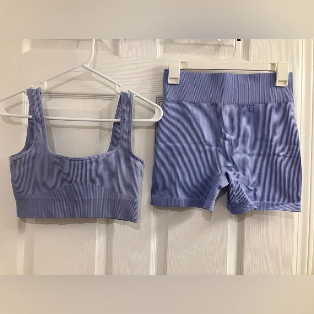 💙2 Piece Set: Periwinkle Ribbed Matching Sports Bra Biker Shorts Workout Set - Picture 4 of 10